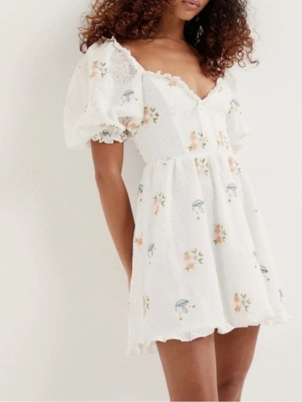 For Love and Lemons Yolanda Mini Dress White Eyelet Mushroom Print Puff Sleeve L - Picture 6 of 12